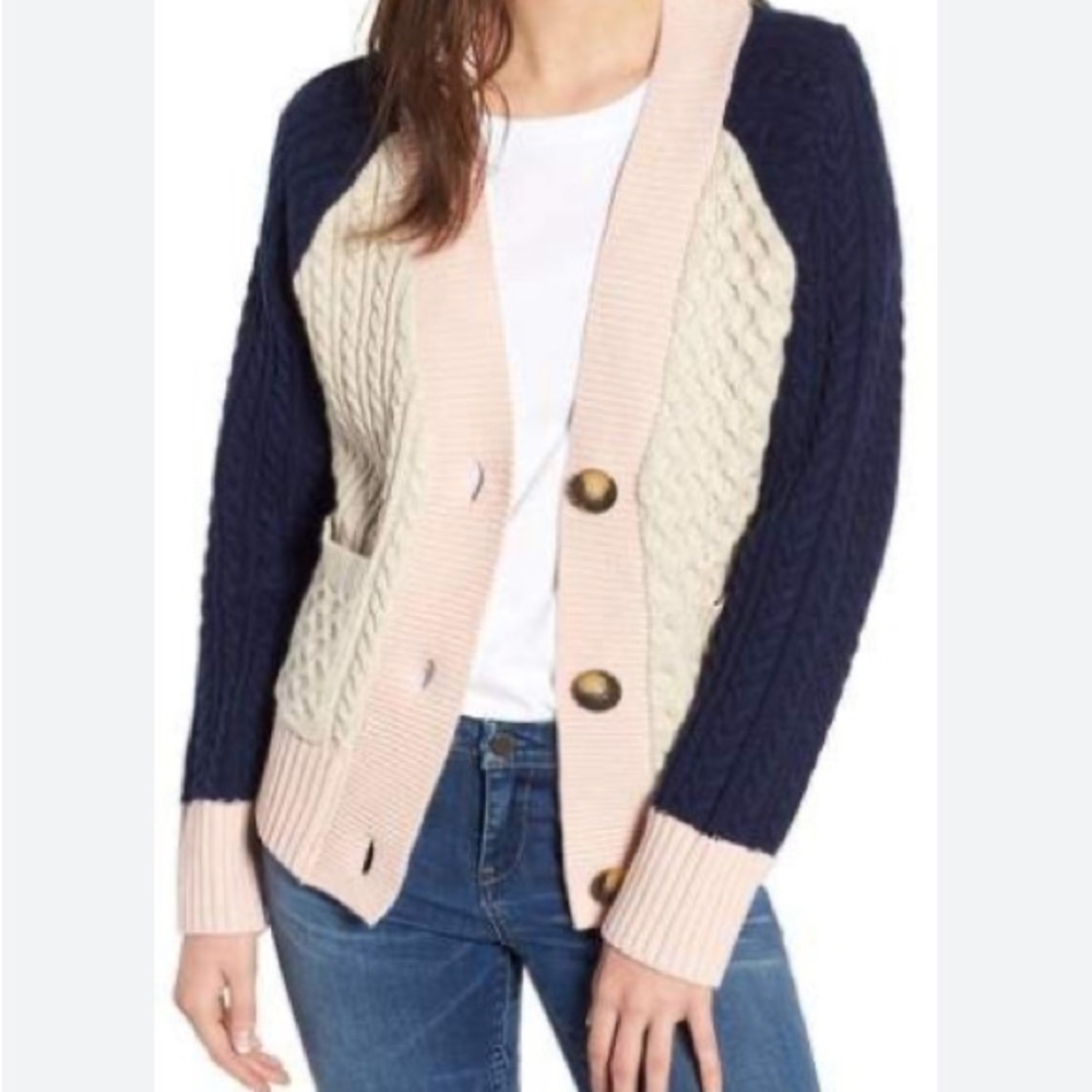 B.P. Color block‎ cable knit cardigan, cotton blend, beige, navy, pink size S